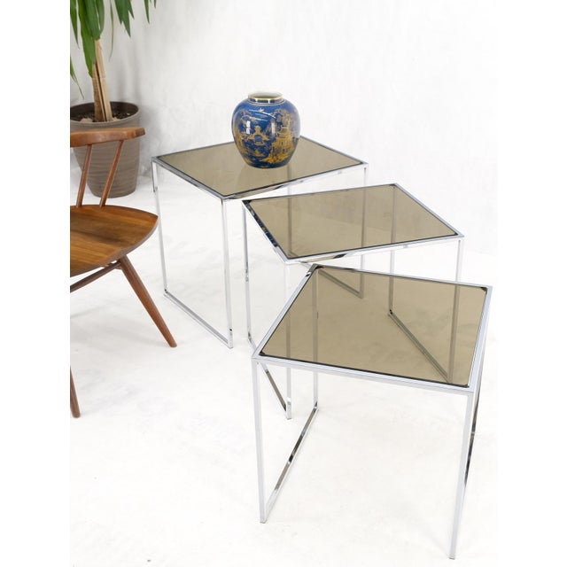 Set of Wide Rectangle Shape Chrome & Smoked Glass Nesting End Side Tables For Sale - Image 10 of 18