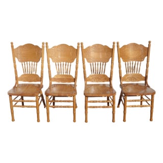 Set of Four Vintage Golden Oak Pressed Back Dining Room Chairs ~ French Country For Sale