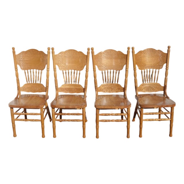 Set of Four Vintage Golden Oak Pressed Back Dining Room Chairs ~ French Country For Sale