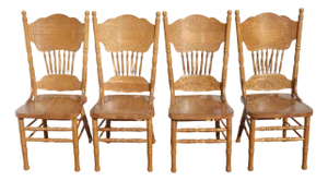 Set of Four Vintage Golden Oak Pressed Back Dining Room Chairs ~ French Country