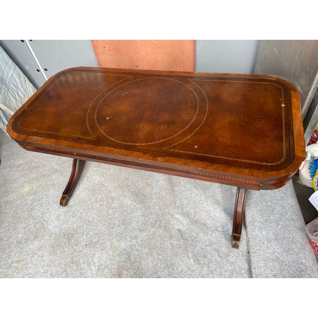 Wood Antique Leather Top Federal Style Mahogany Hollywood Regency Coffee Table For Sale - Image 7 of 12