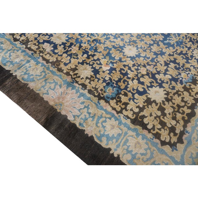1920s Hand Knotted Allover Navy Blue Floral Antique Peking Chinese Carpet Rug For Sale - Image 10 of 12
