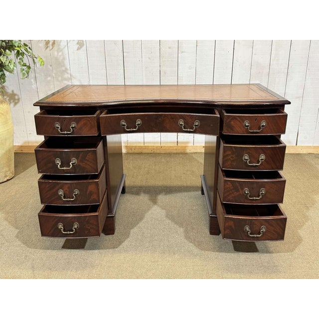 English Mahogany Desk with Drawers and Leather Top, 1950s For Sale - Image 15 of 16