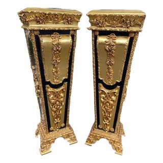 1980 French Louis XVI Gold Black Beech Marble Pedestals Pair For Sale
