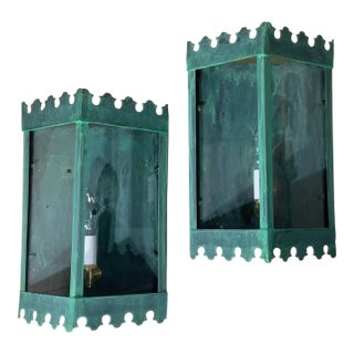 Pair of Artistic Vintage Patinated Metal Wall Lantern Sconces For Sale