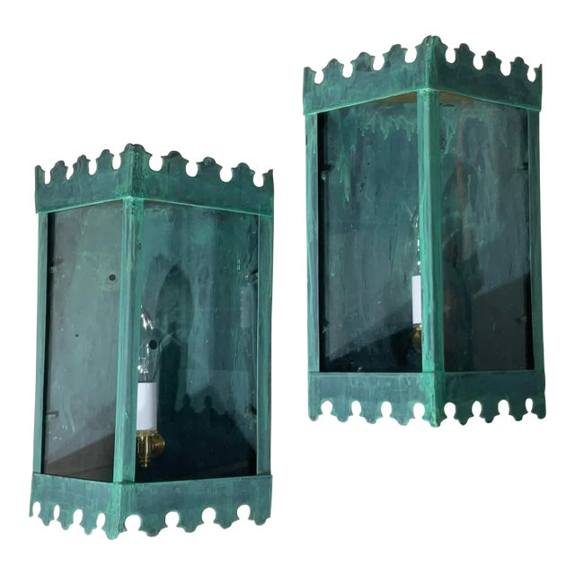 Pair of Artistic Vintage Patinated Metal Wall Lantern Sconces For Sale