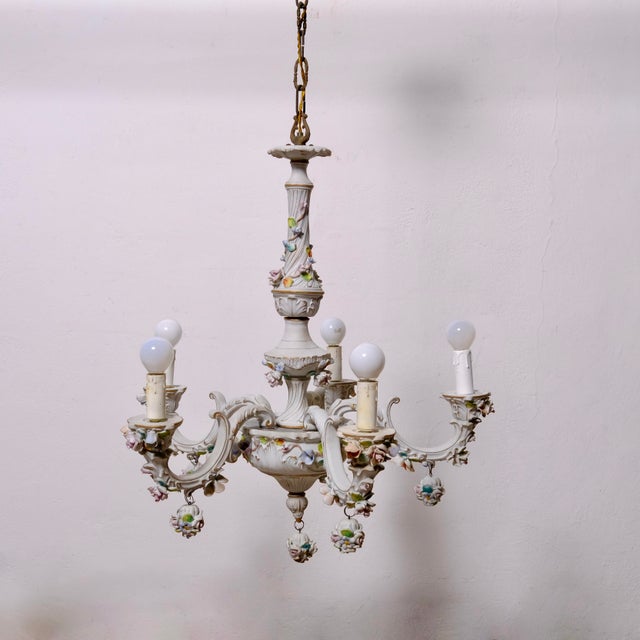 Ceramic 5-Arm Capodimonte Chandelier with Floral Decor, 1960s For Sale - Image 7 of 17