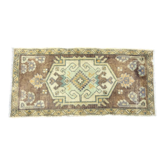 Vintage Faded Turkish Handmade Brown and Beige Small Rug For Sale