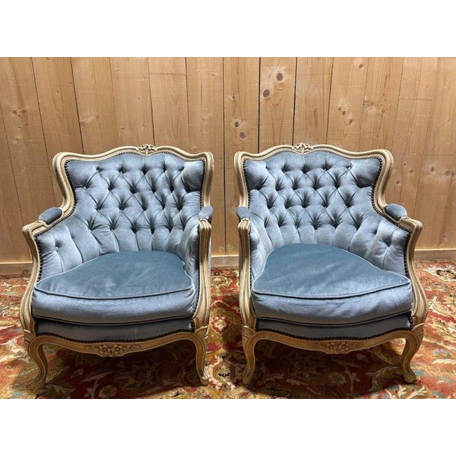 Louis XV Style Bergère Blue Chairs, Set of 2 For Sale - Image 3 of 9