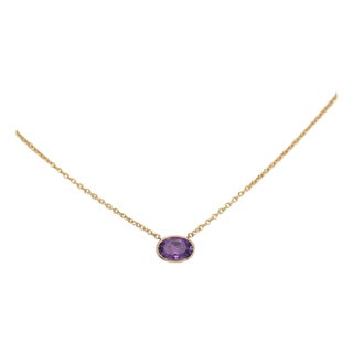 Amethyst Necklace in Solid 14k Gold – Oval 6x4mm Bezel Set Gemstone Pendant For Sale