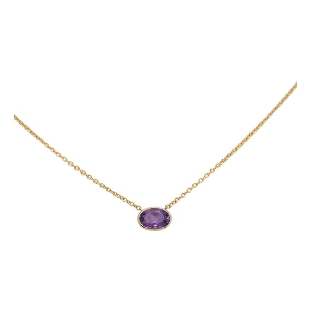 Amethyst Necklace in Solid 14k Gold – Oval 6x4mm Bezel Set Gemstone Pendant For Sale