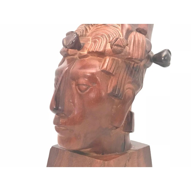 Wood Mid 20th Century Jose Pinal Carved Wood Aztec Bust - Mid Century Modern Sculpture For Sale - Image 7 of 10