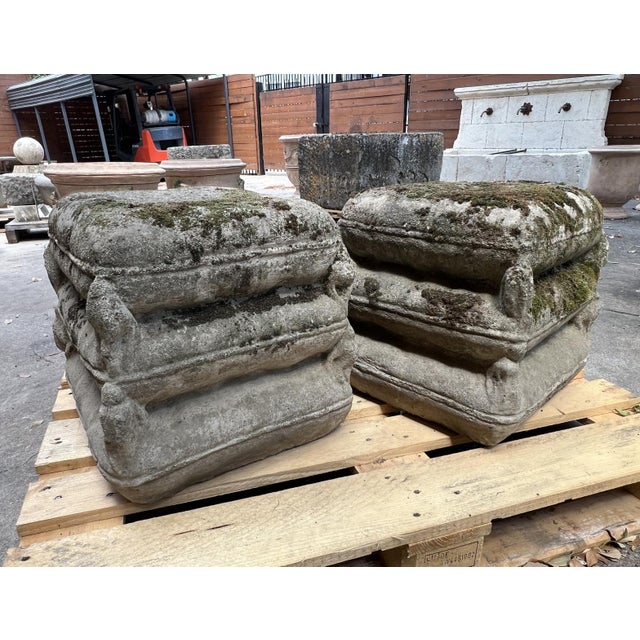 Pair of 1970s Cement Garden Pillow Stack Seats From France For Sale - Image 9 of 11