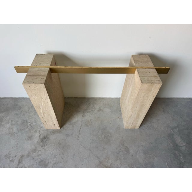 1980s Italian Postmodern Guy Barker for Ello Travertine and Brass Console / Sold For Sale - Image 5 of 11
