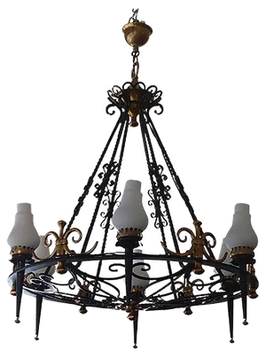Large Chandelier in Wrought Iron, 1940s
