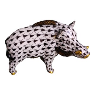 Late 20th Century Herend Black 24k Gold Wild Boar Fishnet #15507 For Sale