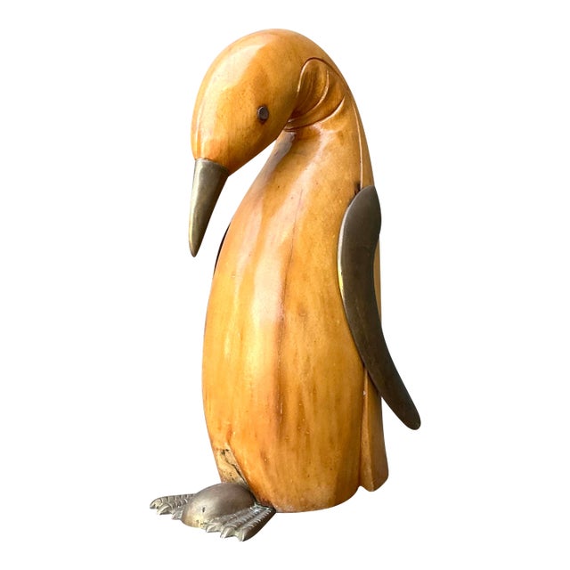 Vintage Carved Wood and Brass Penguin For Sale