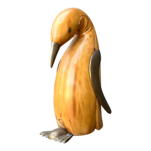 Vintage Carved Wood and Brass Penguin