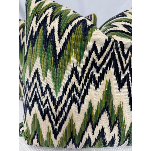 Transitional Thibaut "Rhythm Velvet" in Emerald/Navy 22" Pillows-a Pair For Sale - Image 3 of 3