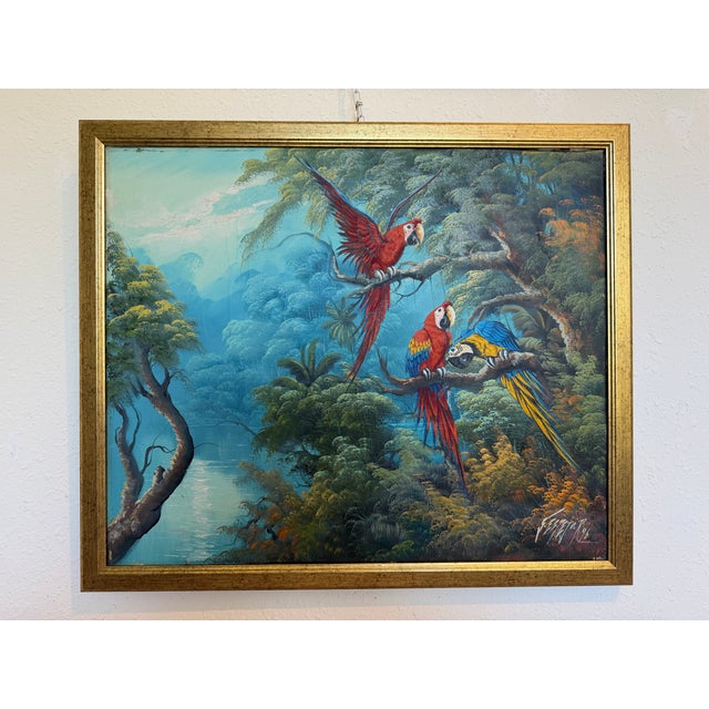 Blue Vintage Tropical Parrot Oil Painting Signed 1996, Colorful Macaws Jungle Scene For Sale - Image 8 of 13
