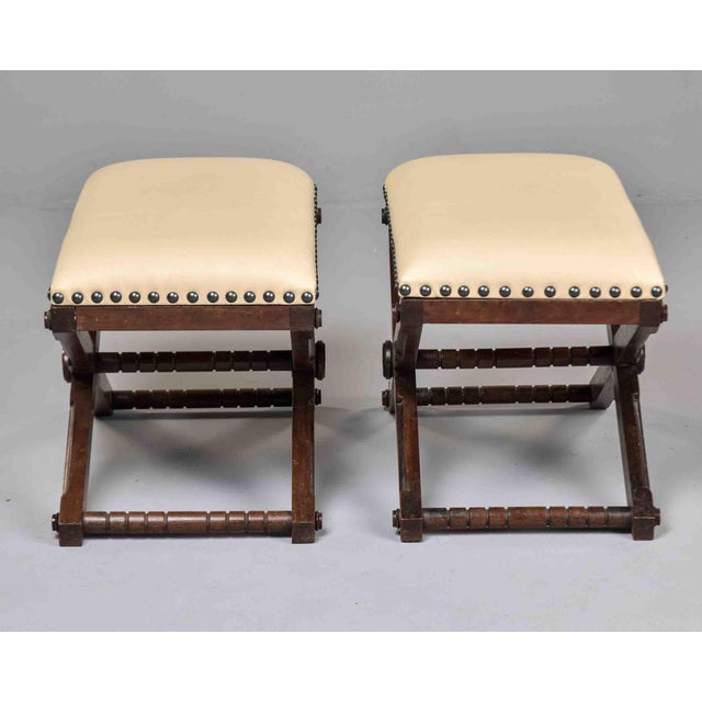 1910s Early 20th Century French Stools or Benches With New Leather - Pair For Sale - Image 5 of 12