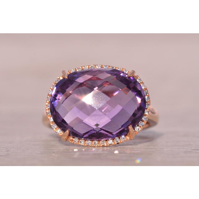 The Nelle: Checkerboard Cut Natural Amethyst and Diamond Halo Ring in Rose Gold For Sale - Image 9 of 11