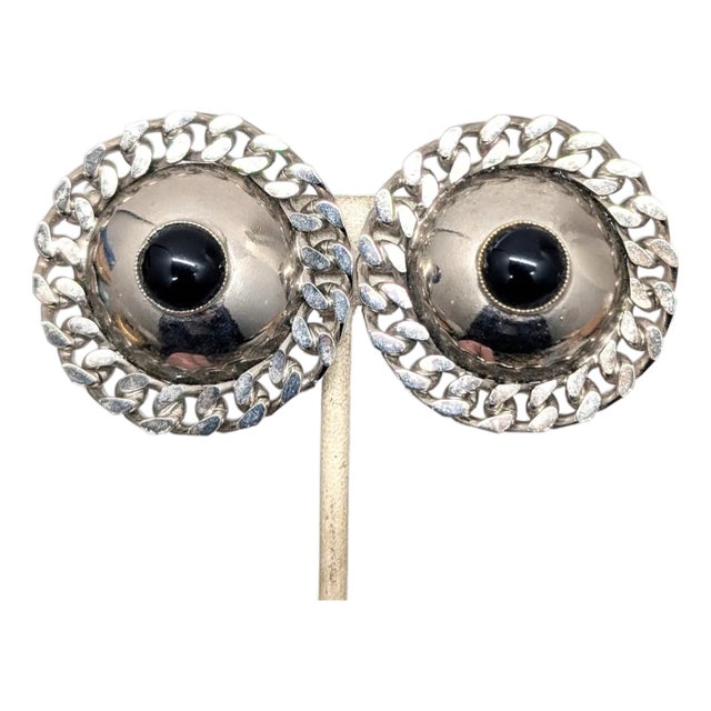 Vintage Signed Ugo Correani Italy Modernist Faux-Onyx Cabochon Clip Earrings - 2 Pieces For Sale