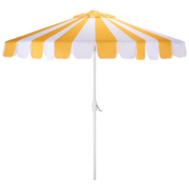 Meze 9 Ft Crank Umbrella, Yellow Cabana Stripe/White Pole For Sale - Image 9 of 9