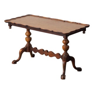 Antique English Coffee Table With Scalloped Top + Carved Claw Feet For Sale