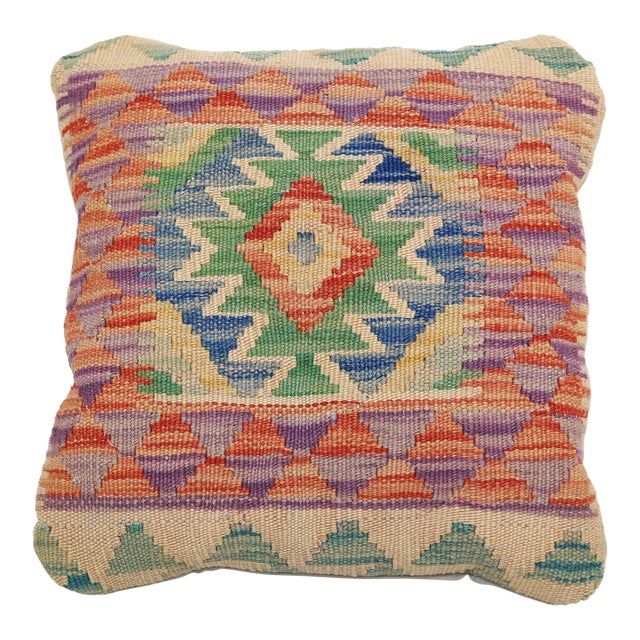 Arteverk Handwoven Afghan Kilim Pillow — Green & Blue Diamond Medallion For Sale
