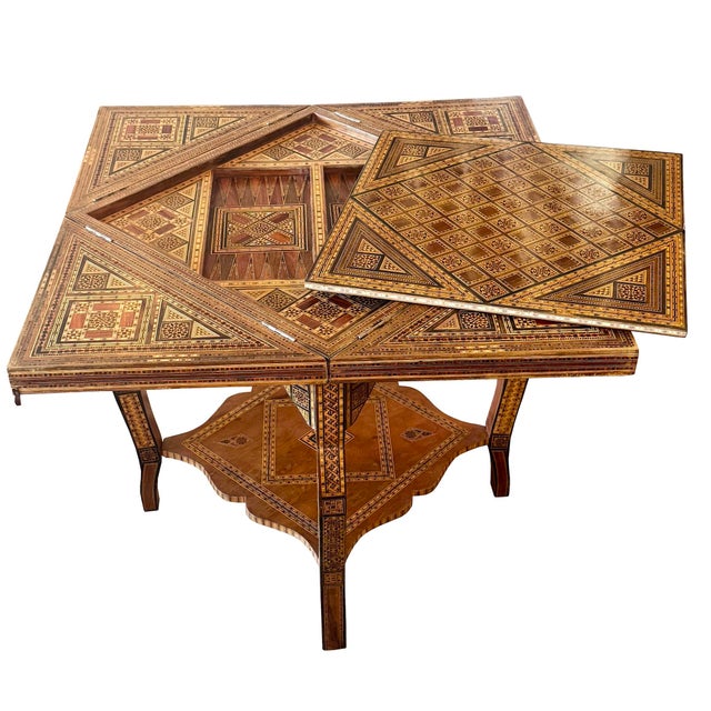 Wood Vintage Marquetry Wood Inlay With Mother of Pearl Folding Game Table For Sale - Image 7 of 18