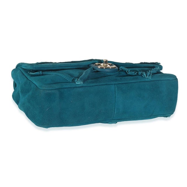 Chanel Teal Suede Goatskin Diamond Fringe Medium Flap Bag For Sale - Image 4 of 8