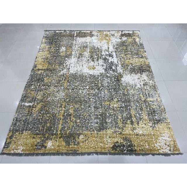 Indian 7x9 Ivory Hand-Knotted Wool Distressed Texture Abstract Modern Carpet Rug For Sale - Image 3 of 7