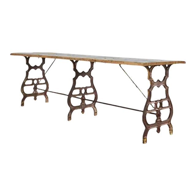 19th Century French Industrial Style Pine Iron Dining Table For Sale