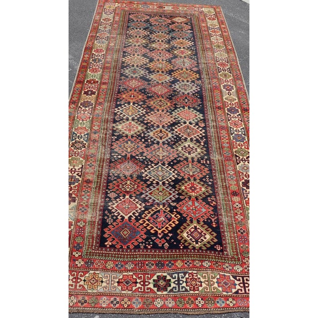 Textile Antique Caucasian Shirvan Gallery Rug With Geometric Diamond Design 4'6 X 12'0 For Sale - Image 7 of 13