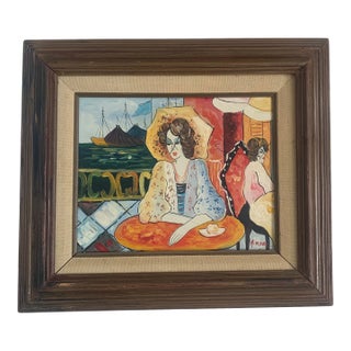 Vintage Painting - Seaside Cafe Scene For Sale