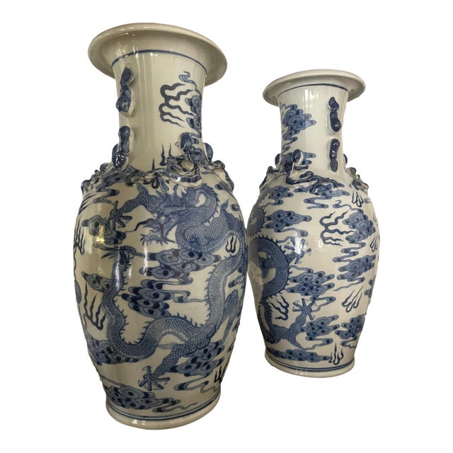 Pair of 16" Dragon Vaases in Blue/WHT Porcelain For Sale