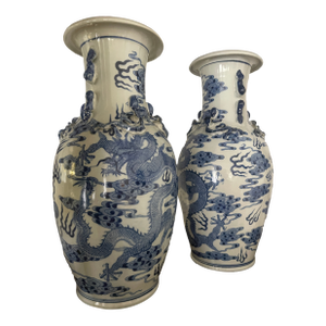 Pair of 16" Dragon Vaases in Blue/WHT Porcelain