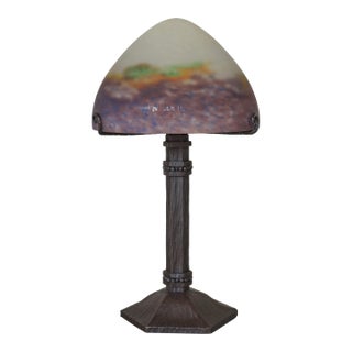 Large 1920s French Art Deco Muller Freres Mauve Mottled Glass & Wrought Iron Table Lamp For Sale