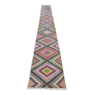 70s Extra Long Turkish Rug Runner Multicolors Kilim Runner Rug For Sale