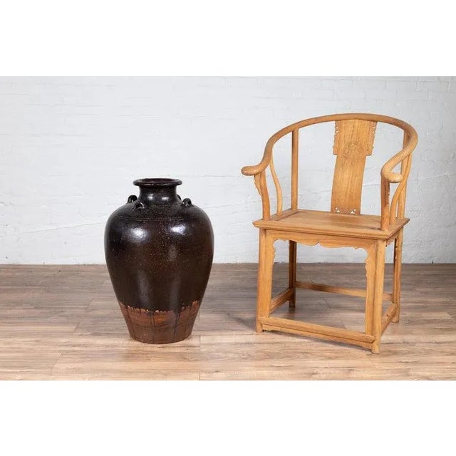 Thai Monochrome Brown Ware Water Jar with Carrying Handle For Sale - Image 4 of 12
