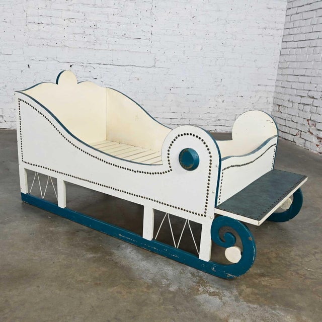 Vintage Sleigh-Style Dog Bed White With Blue Trim & Nail Head Design For Sale - Image 13 of 13