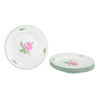 Porcelain Plates with Pink Roses and Green Rim from Meissen, 1930s, Set of 4 For Sale