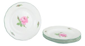 Porcelain Plates with Pink Roses and Green Rim from Meissen, 1930s, Set of 4