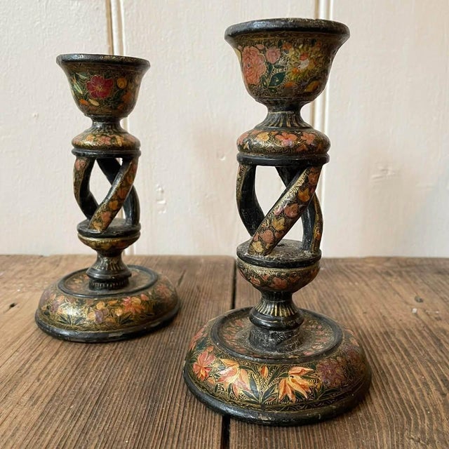 Kashmiri Hand-Painted Floral Gilt Papier Mache Candlesticks, Early 20th Century, Set of 2 For Sale - Image 4 of 9