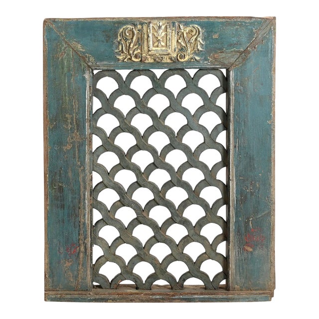 Antique Indian Painted Teakwood Window For Sale