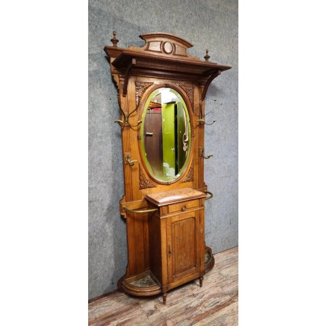 Antique Oak Coat Rack - Beveled Mirror - Marble - Renaissance Style - 19th Century Superb 19th-century wall-mounted coat...
