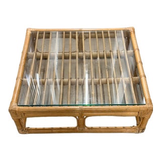 Vintage Brown Jordan Rattan Low-Profile Square Cocktail Table With Inset Glass Top For Sale