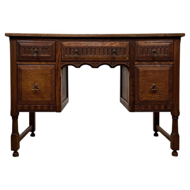 Antique English Edwardian Carved Oak Desk, 1910 For Sale - Image 12 of 12