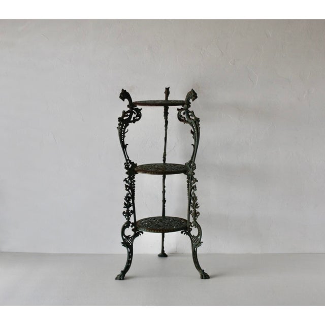 Victorian Style Cast Iron Three Tiered Jardinière Plant Stand Lion Head Paw Footed Details Vintage For Sale - Image 15 of 18